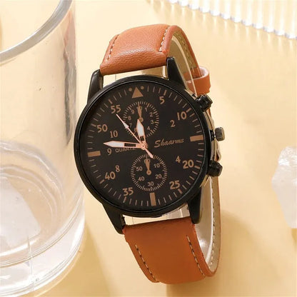 SHAARMS Montre Quartz Homme — Bracelet Cuir, Cadran Rond, Coffret Cadeau