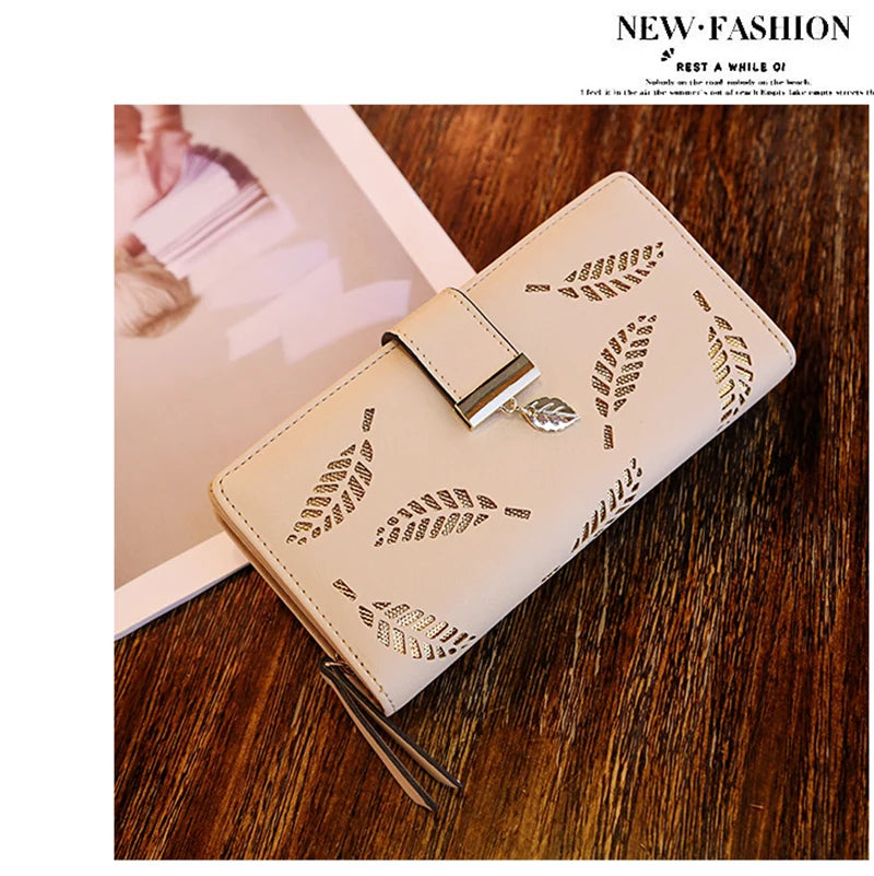 Portefeuille Long Femme Cuir PU Feuilles Dorées - Clutch Porte-Cartes Monnaie Élégant