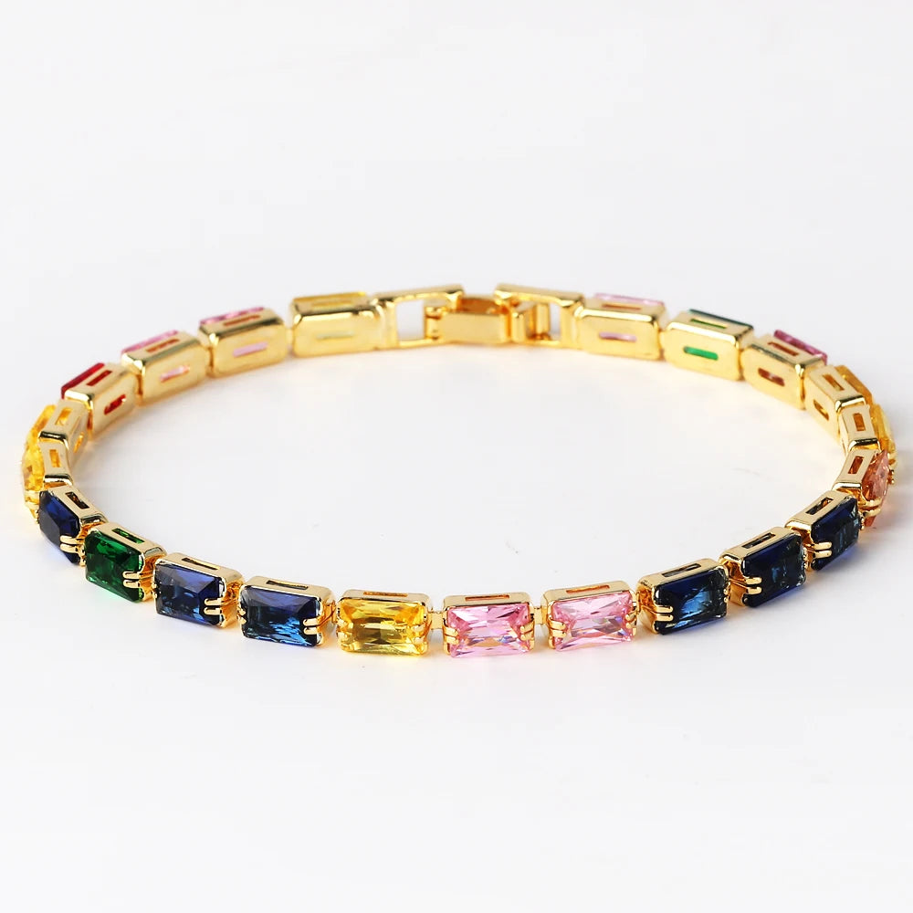 Bracelet Plaqué Or 18K Zircons Arc-en-Ciel – Luxe Micro-Pavé Étanche