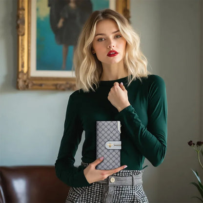 Portefeuille Femme Long Personnalisé Porte-Carte - Sac à Main Multifonction Téléphone Vert Tendance