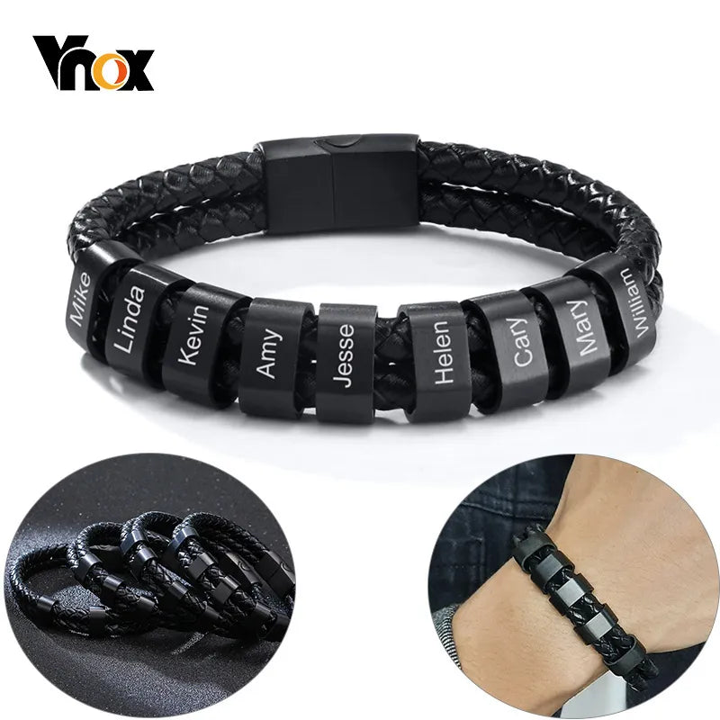 Bracelet Cuir Tressé Noir Homme Personnalisé - Perles Gravure Prénom Famille - Bijou Inspirant