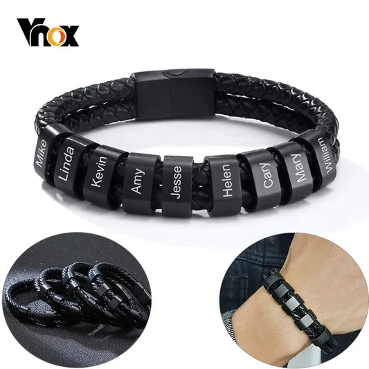 Bracelet Cuir Tressé Noir Homme Personnalisé - Perles Gravure Prénom Famille - Bijou Inspirant