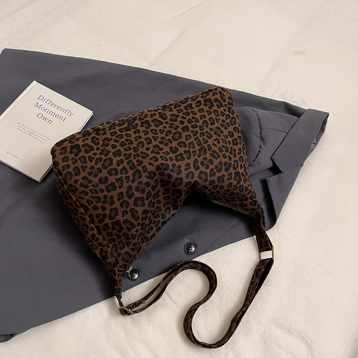 Sac Bandoulière Femme Textile Souple Imprimé Léopard - Sac Épaule Rétro Grande Capacité Casual