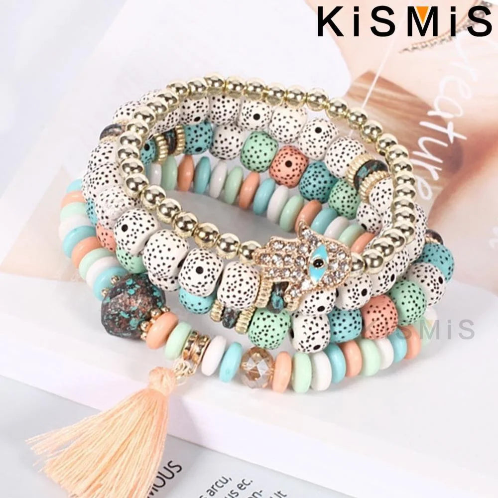 Set de 4 Bracelets Bohèmes Superposables - Œil Protecteur et Pompon