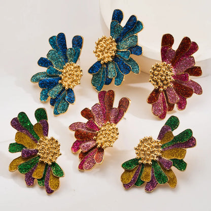 Boucles d'Oreilles Puces Fleur Arc-en-Ciel Bohème Statement – Peinture Métal Vacances Femme