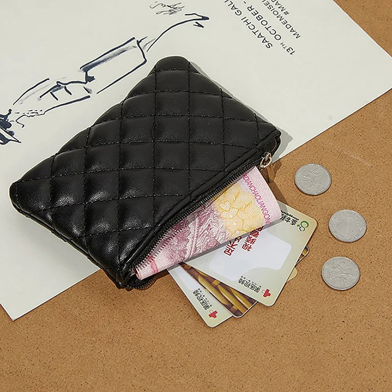 Portefeuille Femme Mini Cuir PU Zippé Imprimé Lattice - Porte-Monnaie Slim Porte-Carte Business Blanc