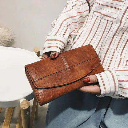 Portefeuille Femme Vintage Cuir PU Long Trifold - Pochette avec Fermoir et Compartiment Téléphone