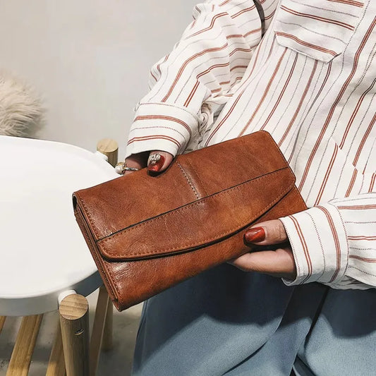 Portefeuille Femme Vintage Cuir PU Long Trifold - Pochette avec Fermoir et Compartiment Téléphone
