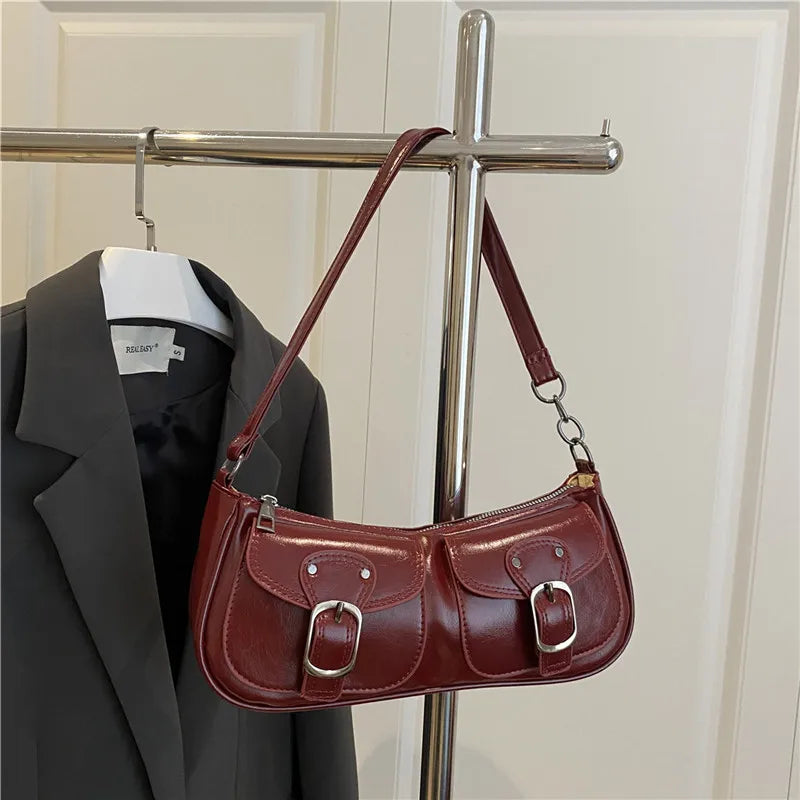 Sac Épaule Femme Cuir PU Y2K Vintage - Petit Sac Aisselle Double Poche Design Fashion Clutch Purse