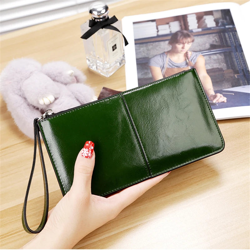 Portefeuille Clutch Femme Vintage Cuir Ciré PU - Grande Capacité avec Bracelet