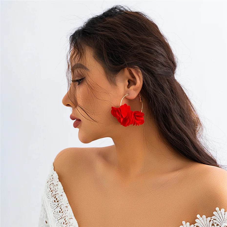 Boucles d'Oreilles Créoles Rose Tissu Pendentif Bohème – Kpop Colorées Y2K Soirées Femme