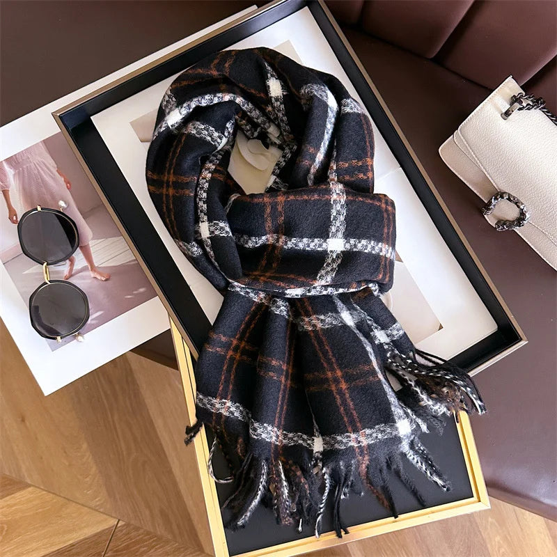 Women's Cashmere Scarf - Warm Checkered Shawl for Winter