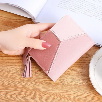 Portefeuille Court Femme Cuir PU avec Pompon - Porte-Cartes Pliable Portable