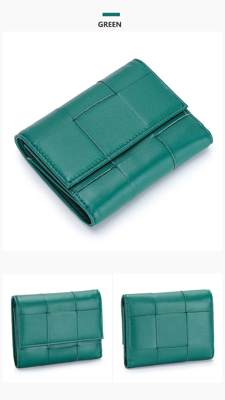 Portefeuille Femme Court Cuir Véritable Peau Mouton Tressé - Porte-Monnaie Trifold Zippé Grande Capacité Noir