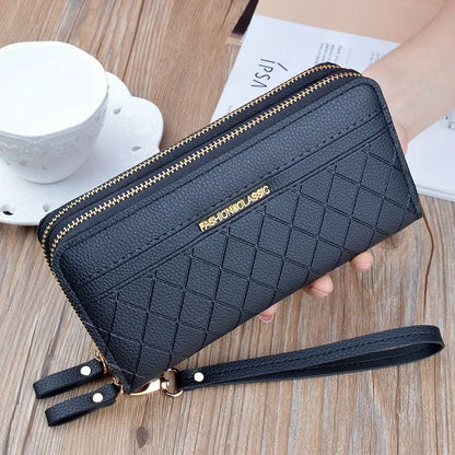 Portefeuille Femme Cuir PU Pompon - Porte-Monnaie Double Fermeture Éclair