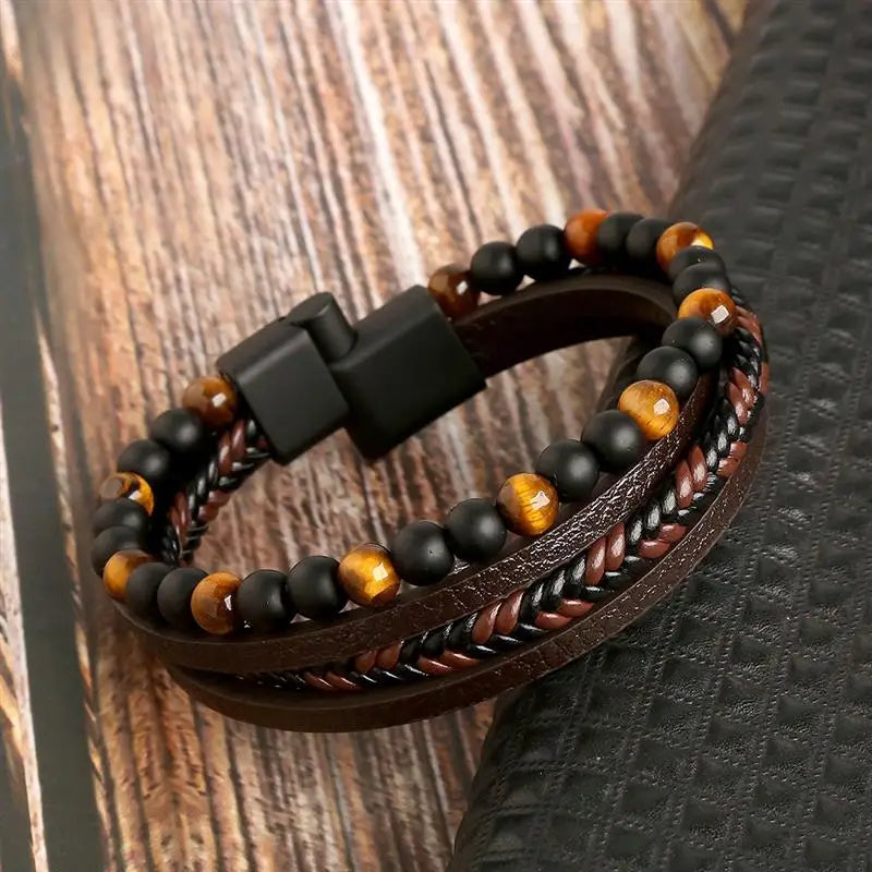 Bracelet Cuir Tressé Multicouche Punk – Boucle Magnétique Croix Homme