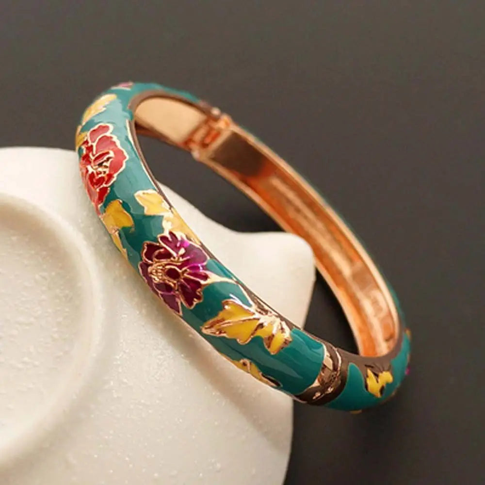 Bracelet Jonc Cloisonné Émaillé Pivoine – Artisanat Ethnique Classique
