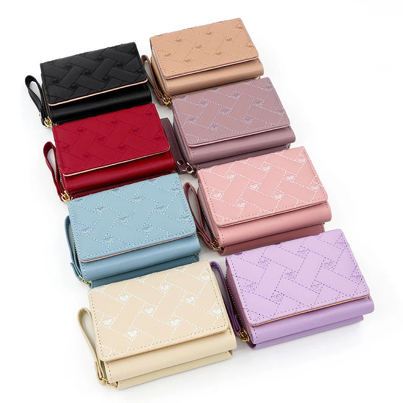 Portefeuille Femme Tri-Fold Cuir PU Brodé - Porte-Cartes Court Motif Cœur Minimaliste