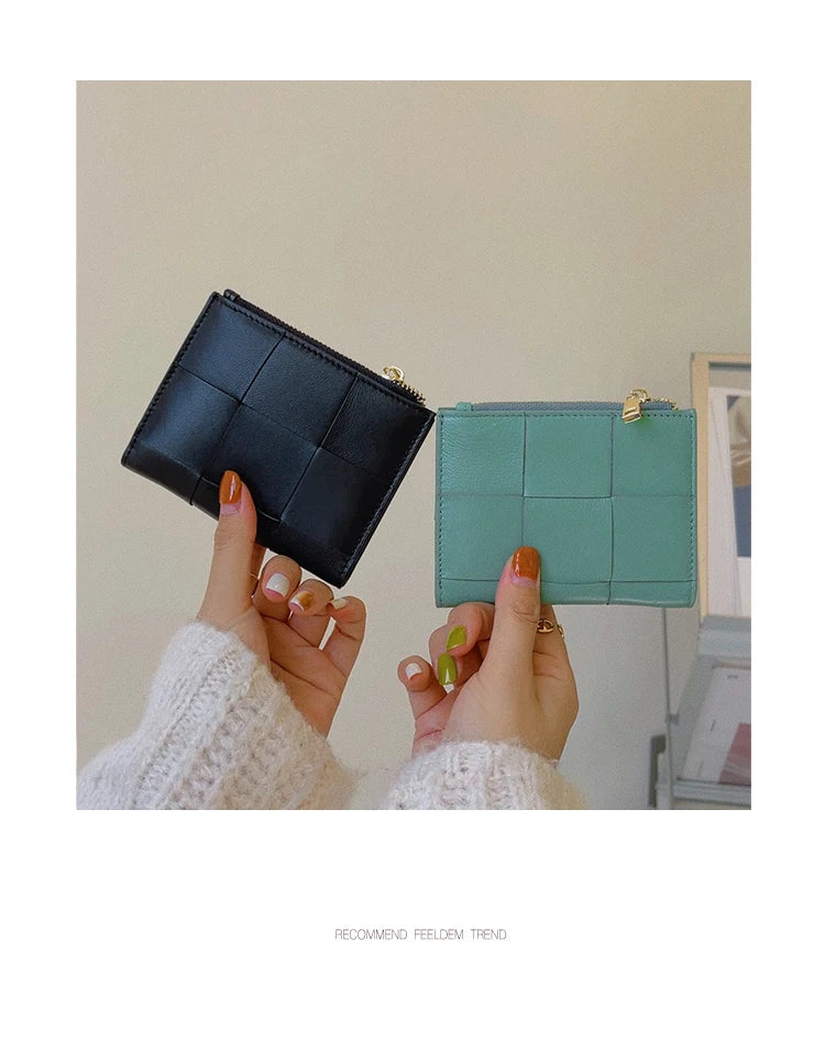 Portefeuille Femme Cuir Tressé - Porte-Monnaie Bifold Multi-Cartes Compact