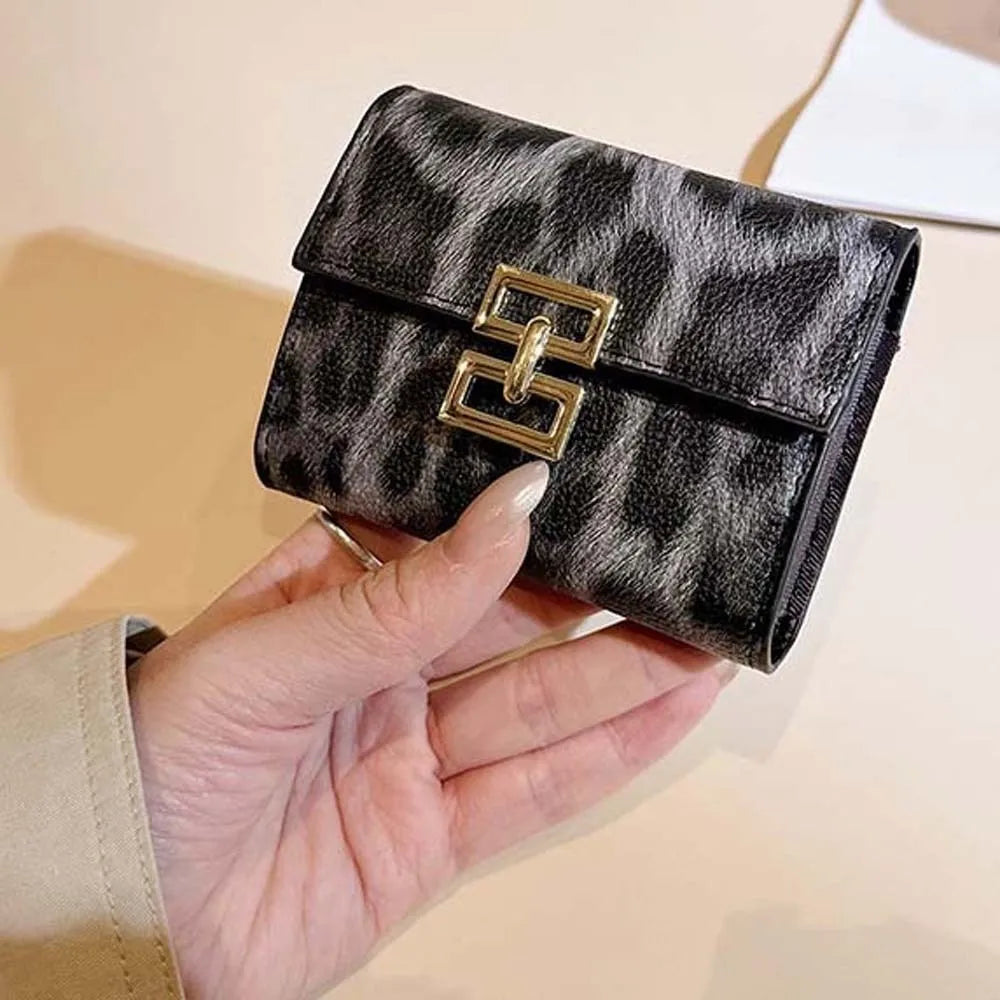 Portefeuille Femme Court Imprimé Léopard PU - Porte-Monnaie Carré Multi-Cartes Style Coréen Tendance