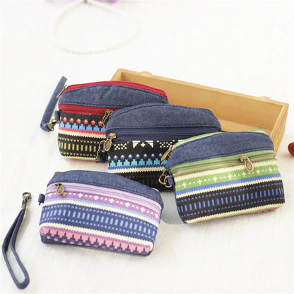 Porte-Monnaie Ethnique en Coton - Pochette Double Zip pour Femme et Enfant