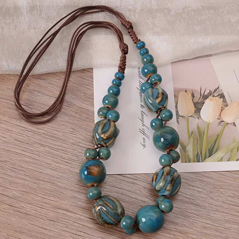 Collier Perles Céramique Tressé Main Bohème – Ajustable Ethnique Rétro Femme