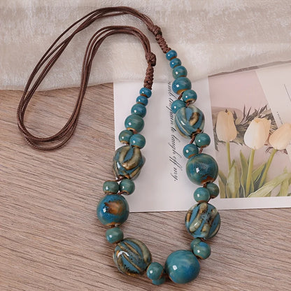 Collier Perles Céramique Tressé Main Bohème – Ajustable Ethnique Rétro Femme