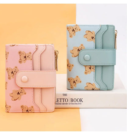 Portefeuille Femme Court Ourson Mignon - Bifold Cuir PU Porte-Cartes Zipper Bleu