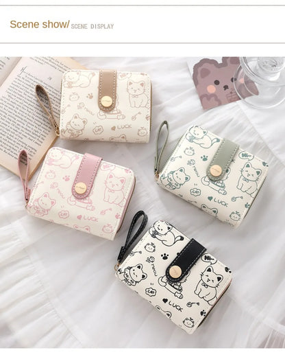Portefeuille Femme Chat Mignon Cuir PU - Porte-Monnaie Court Grande Capacité Voyage