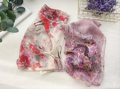 Foulard Écharpe Mousseline Georgette Femme Fleur Prune - Bandana Été Léger Respirant