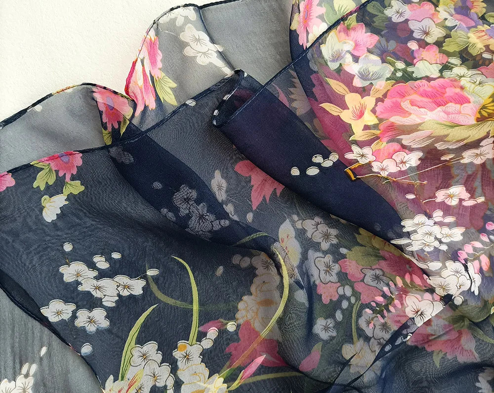 Foulard Écharpe Mousseline Georgette Femme Fleur Prune - Bandana Été Léger Respirant