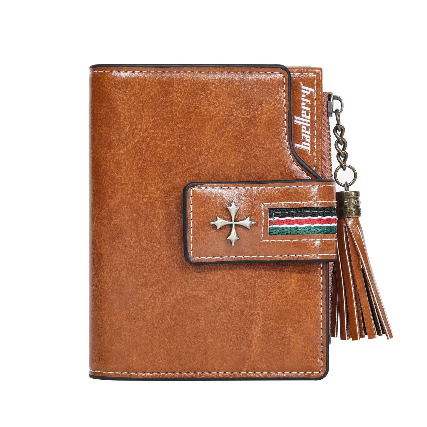 Portefeuille Femme Cuir Ciré Glands - Porte-Monnaie Tri-Fold Multi-Fentes Fermeture Éclair
