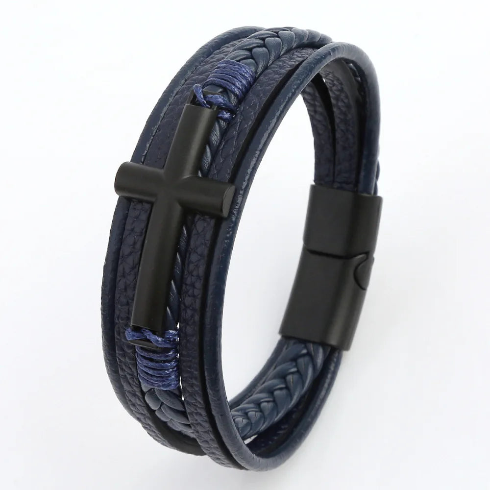 Bracelet Cuir Tressé Multicouche Punk – Boucle Magnétique Croix Homme