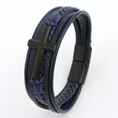 Bracelet Cuir Tressé Multicouche Punk – Boucle Magnétique Croix Homme