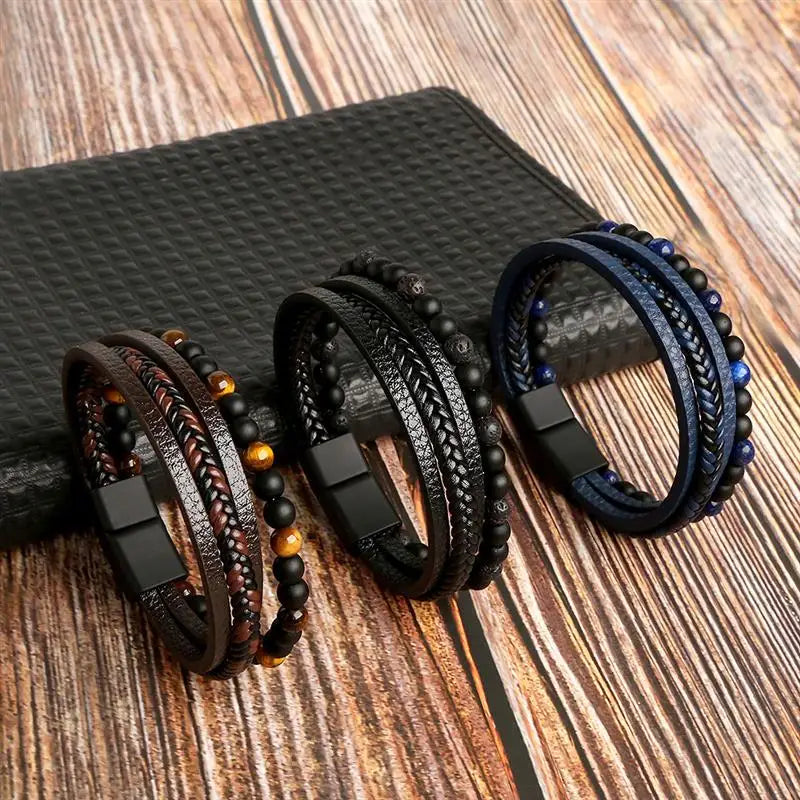 Bracelet Cuir Tressé Multicouche Punk – Boucle Magnétique Croix Homme