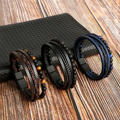 Bracelet Cuir Tressé Multicouche Punk – Boucle Magnétique Croix Homme