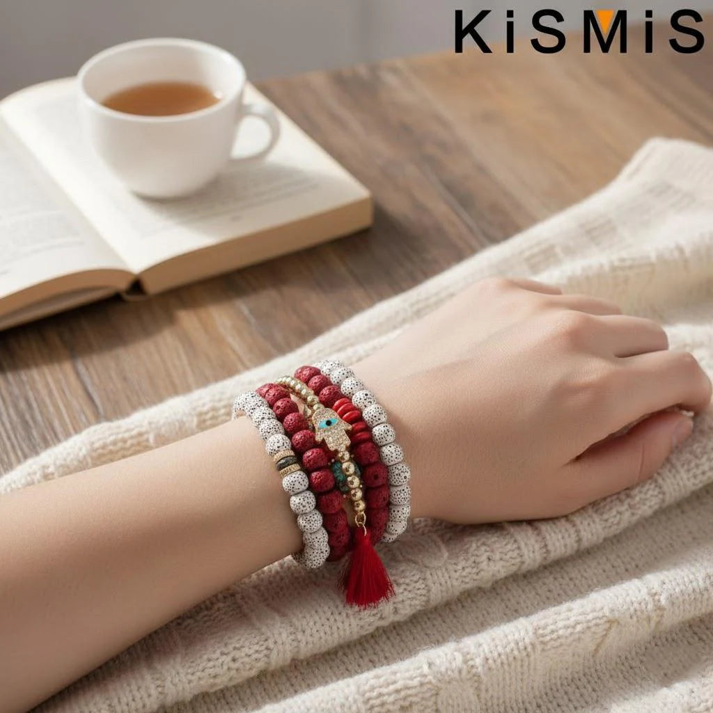 Set de 4 Bracelets Bohèmes Superposables - Œil Protecteur et Pompon
