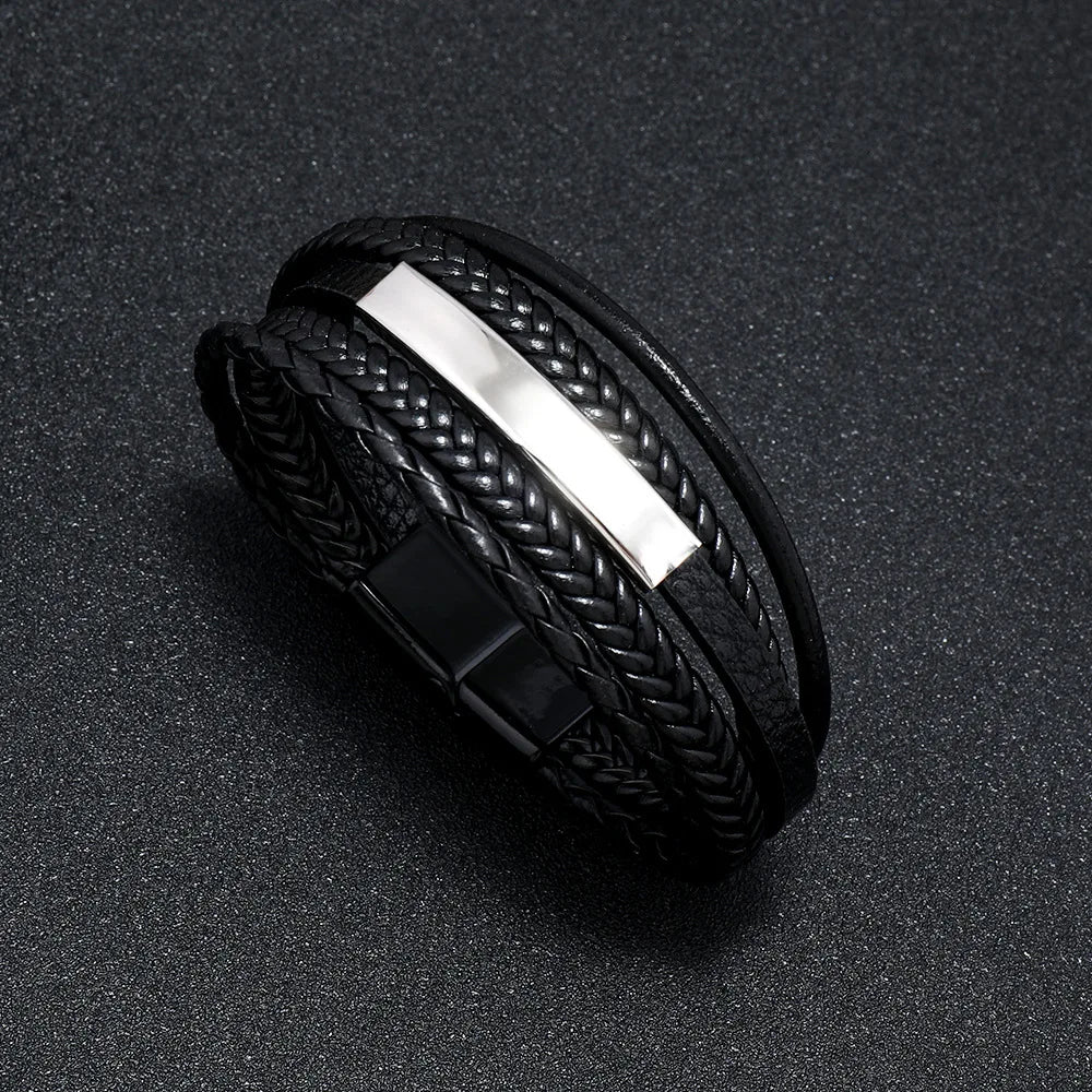 Bracelet Cuir Multicouche Tressé Homme – Acier Inoxydable 21 cm 14 Coloris Cadeau