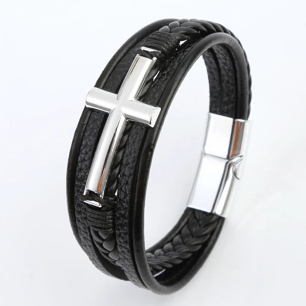 Bracelet Cuir Tressé Multicouche Punk – Boucle Magnétique Croix Homme