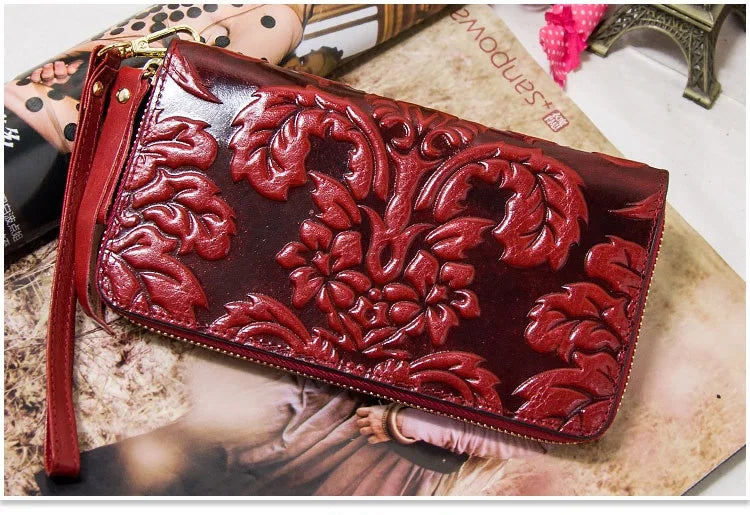 Portefeuille Femme Cuir Véritable Vintage Floral - Grande Capacité Clutch Pochette en Cuir de Vache