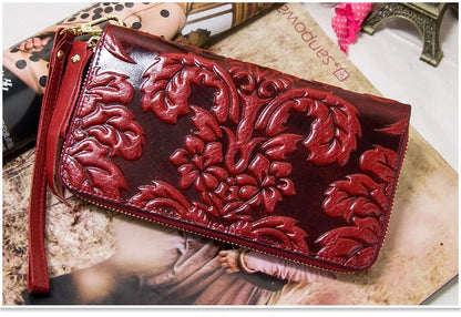 Portefeuille Femme Cuir Véritable Vintage Floral - Grande Capacité Clutch Pochette en Cuir de Vache