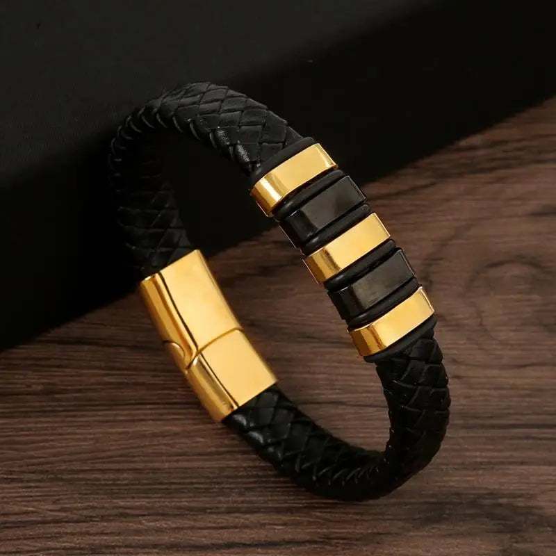 Bracelet Cuir Tressé Multicouche Punk – Boucle Magnétique Croix Homme