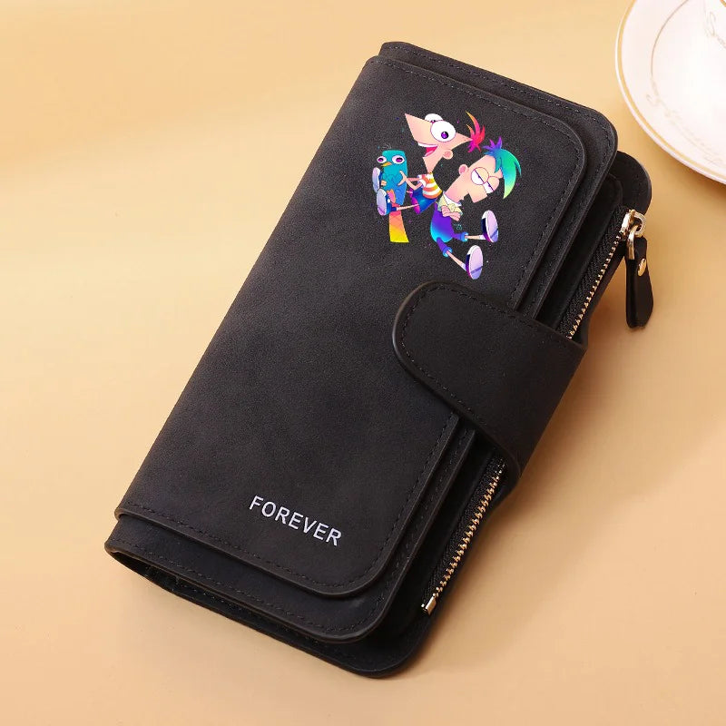 Portefeuille Long Phineas et Ferb Cuir PU - 15 Porte-Cartes Zip pour Enfants