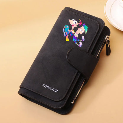 Portefeuille Long Phineas et Ferb Cuir PU - 15 Porte-Cartes Zip pour Enfants