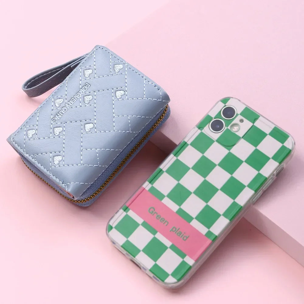 Portefeuille Femme Mignon Cœur Brodé Cuir PU - Trifold Multi-Cartes avec Porte-Monnaie