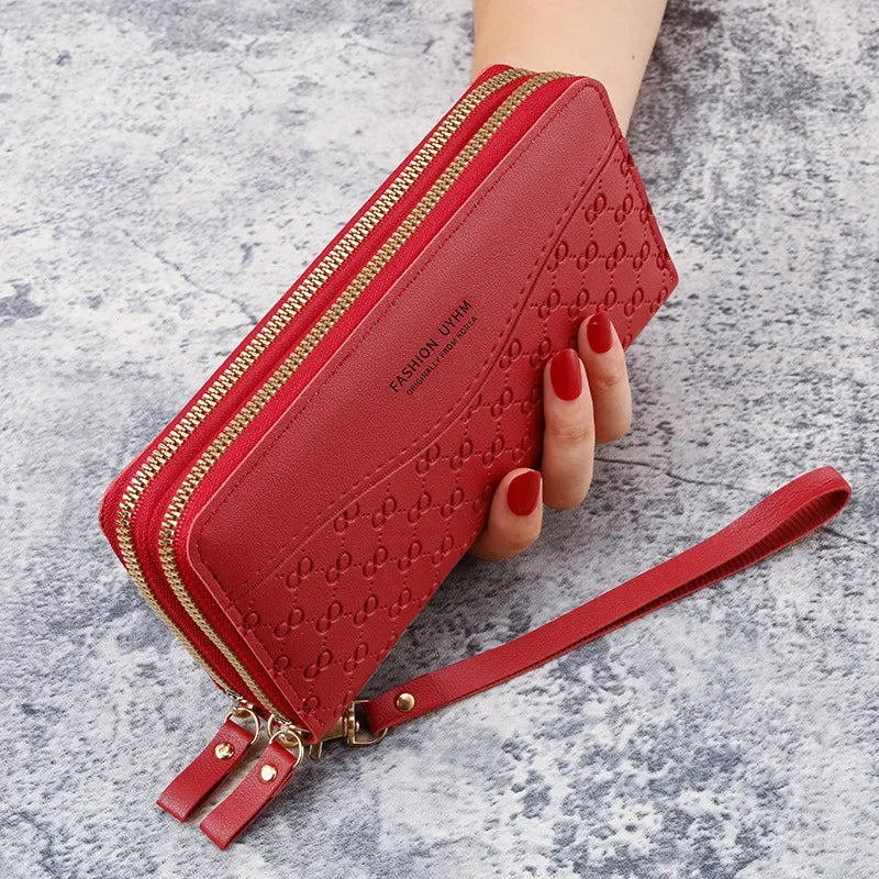Portefeuille Femme Cuir PU Pompon - Porte-Monnaie Double Fermeture Éclair