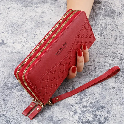 Portefeuille Femme Cuir PU Pompon - Porte-Monnaie Double Fermeture Éclair
