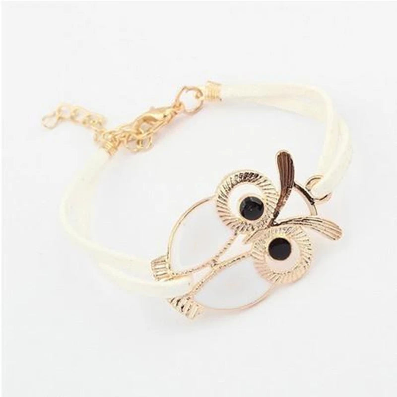 Bracelet Cuir Noir Hibou Infini – Charm Unisexe Ajustable Plage