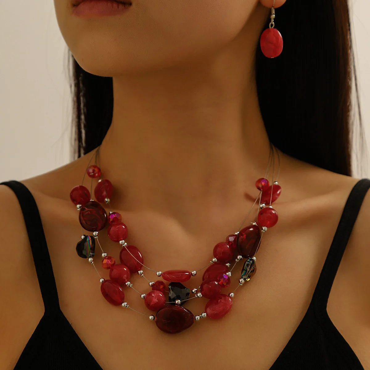Parure Mariée Cristaux Roses et Perles Corail - Collier Goutte et Boucles