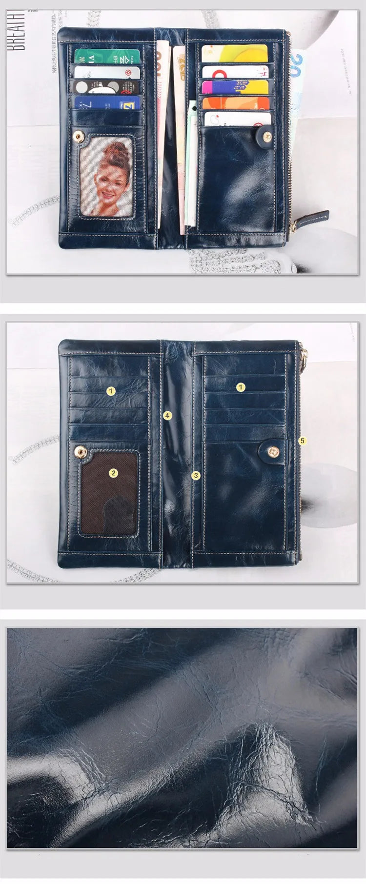 Portefeuille Femme Cuir Véritable Long - Porte-Monnaie Luxe Huile Végétale Casual